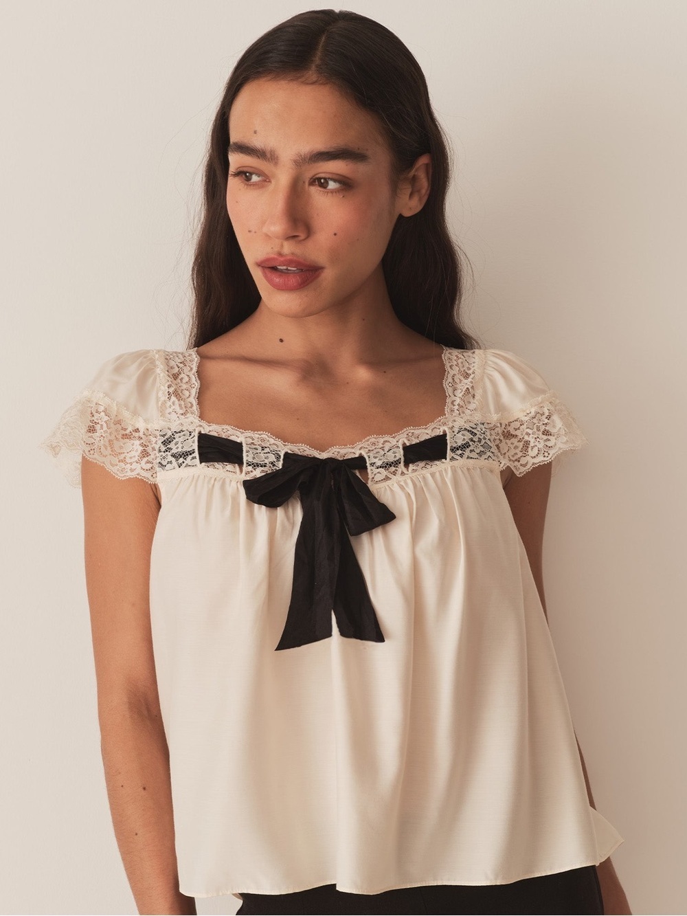 NWT Doen Anaya Silk Lace Bow Ribbon Short Sleeve Top Candlelight Cream Black
